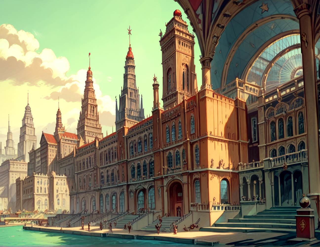 score_9, score_8_up, score_7_up,
<lora:Soviet_Gothic_(Architecture)_(Pony)_(AD):0.8> Soviet Gothic, monumental architecture, architecture, city, cityscape, scenery, building, skyscraper, 
8K, In'ei, chiaroscuro, rim lighting, perfect depth of field shot, beautiful, subsurface scattering, idealized city, wide beautiful boulevards, busy city center, parks and manicured lawn areas, large parks, plazas, detailed fluffy anime clouds, skyscrapers, made out of limestone, gothic style, photographic realism, soft lighting, soft shading,  art by Thomas Kinkade, Soviet, Communist, 
BREAK zPDXL, zPDXLxxx, <lora:wowifierXL:0.2> art by mooncryptowow <lora:sdxl_lightning_8step_lora:0.4> <lora:detailed_notrigger:0.5>  <lora:Soviet-poster (2):0.35> soviet poster <lora:SovietPunkAI:0.35> sovietpunkai <lora:sovietxlv1:0.35>