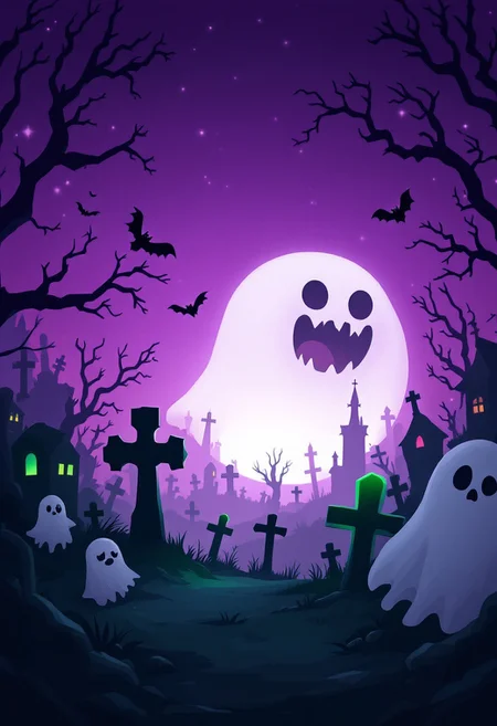 halloween theme, spooky graveyard with ghostly creatures and purple sky, higlights are green and black colors, cartoon style, mobile wallpaper, hyper realistic, ultra detailed