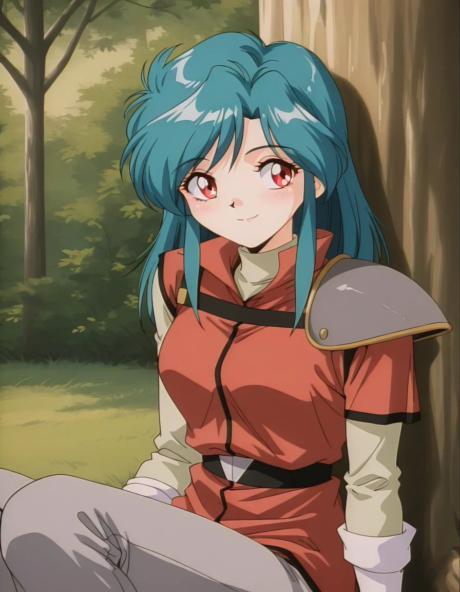 <lora:diana-minerva-illustrious-000004:1> 1girl, solo, mnkda, uniform, red shirt, single shoulder pad, sitting, smile, against tree, masterpiece, best quality
