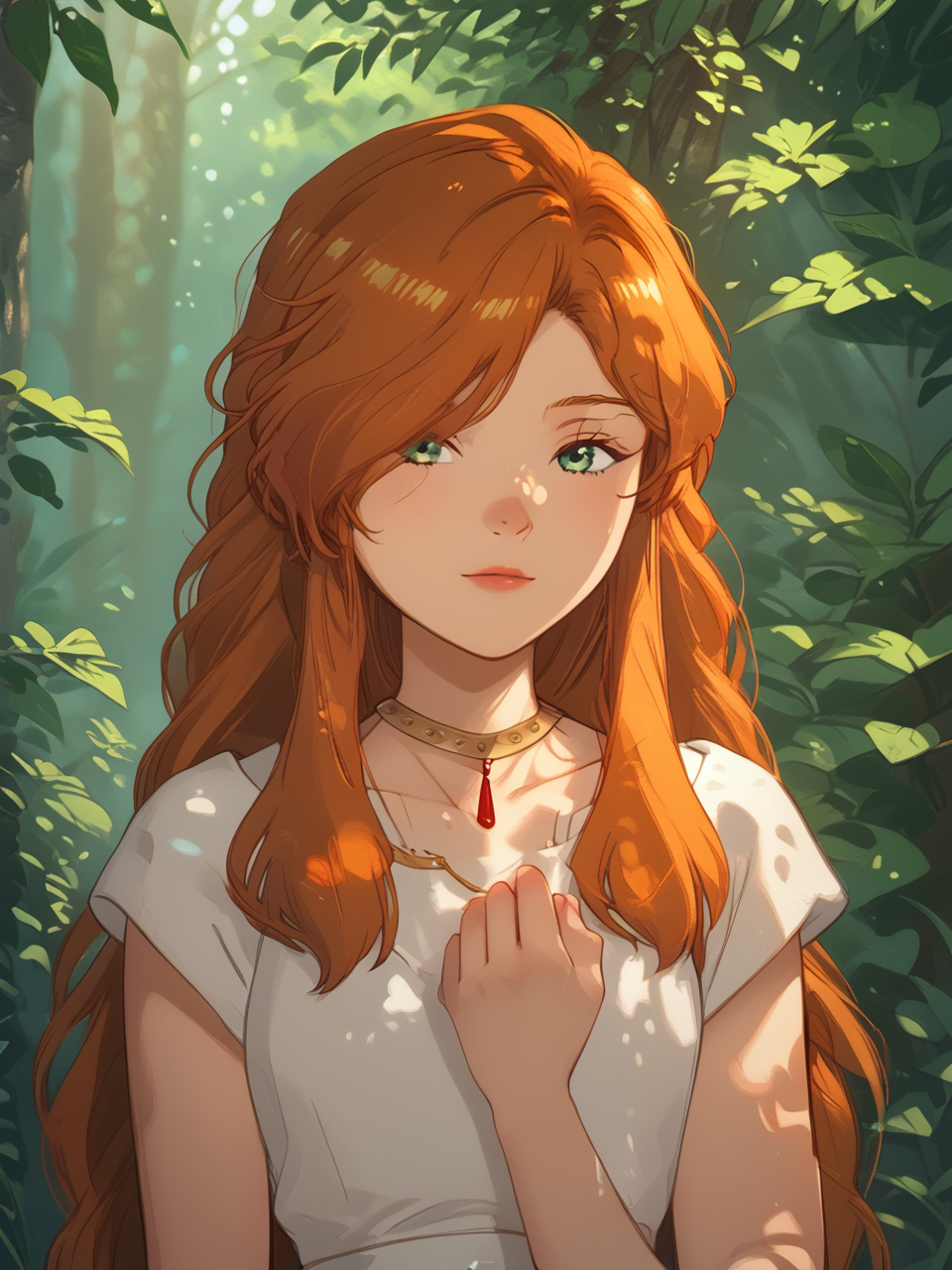 score_9, score_8_up, score_7_up, score_6_up, source_cartoon, upper body, three quarter view, FlammeSSnF, s1_dram, 1 girl, solo, white dress, necklace, ancient greek clothes, short sleeves, long dress, slight orange hair, long hair, green eyes, hair over one eye, smile, 
BREAK
standing, head turned to look at the viewer, body turned to the side, small waist, holding a hand of a child, 
BREAK viewer out of frame, small pale hand of a child, (child out of frame), 
BREAK outdoors, forest, sunlight through leaves
 <lora:princess_xl_v2:0.8> <lora:Smooth Anime Style LoRA XL:0.8> <lora:Expressive_H:0.7> <lora:incase-ilff-v3-4:0.35> <lora:Pony_DetailV2.0:1> <lora:SousouNoFrieren_FlammeXL:0.8> <lora:S1_Dramatic_Lighting_v2:1>, detailed skin texture, (blush:0.5), (goosebumps:0.5), subsurface scattering