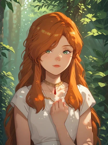 score_9, score_8_up, score_7_up, score_6_up, source_cartoon, upper body, three quarter view, FlammeSSnF, s1_dram, 1 girl, solo, white dress, necklace, ancient greek clothes, short sleeves, long dress, slight orange hair, long hair, green eyes, hair over one eye, smile,
BREAK
standing, head turned to look at the viewer, body turned to the side, small waist, holding a hand of a child,
BREAK viewer out of frame, small pale hand of a child, (child out of frame),
BREAK outdoors, forest, sunlight through leaves
<lora:princess_xl_v2:0.8> <lora:Smooth Anime Style LoRA XL:0.8> <lora:Expressive_H:0.7> <lora:incase-ilff-v3-4:0.35> <lora:Pony_DetailV2.0:1> <lora:SousouNoFrieren_FlammeXL:0.8> <lora:S1_Dramatic_Lighting_v2:1>, detailed skin texture, (blush:0.5), (goosebumps:0.5), subsurface scattering