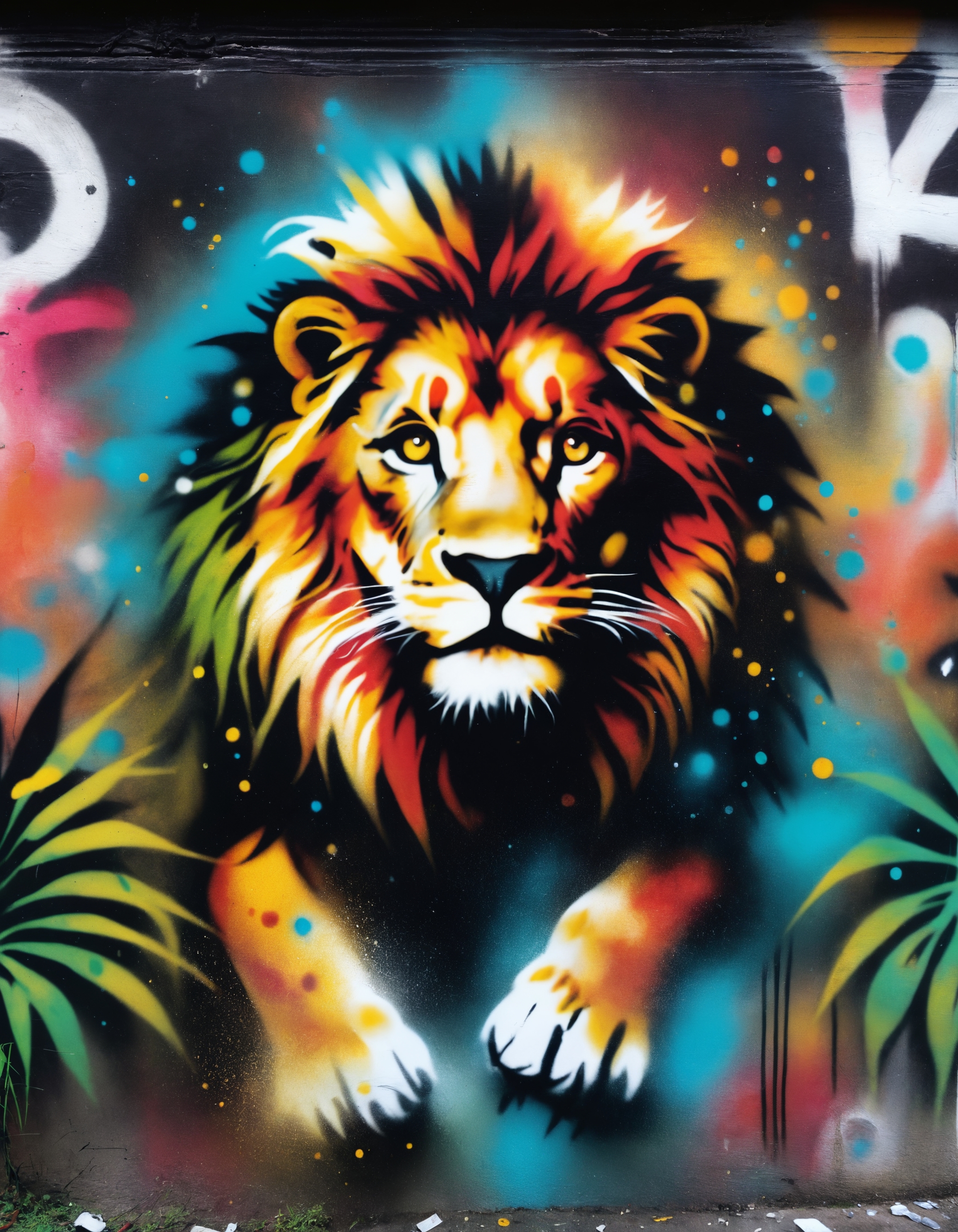 (zavy-fzzgrfft), graffiti spray dots lion in jungle