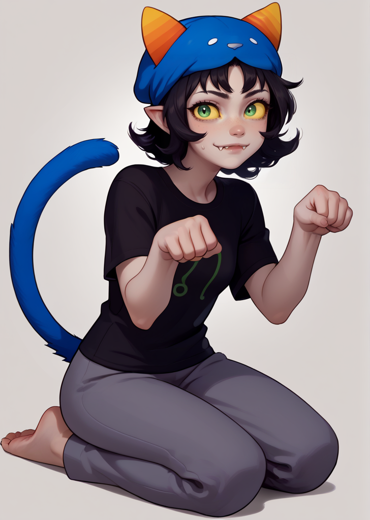, score_9, score_8_up, score_7_up, masterpiece,  , line art, portrait,  anime,, detailed,  <lora:Expressive_H:0.45> Expressiveh,  solo, ,  on knees, , nya, paw pose, looking at viewer,  1girl,  , gray skin, yellow sclera, nepeta, black hair, wavy hair, horns,  pointy ears,  petite, slim, thin, , , medium hair, short hair,  , black t-shirt , black shirt, short sleeves, gray sweatpants, fangs, cat tail, cat hat , green eyes, leo \(symbol\), <lora:Nepeta:0.8>, gray simple background,