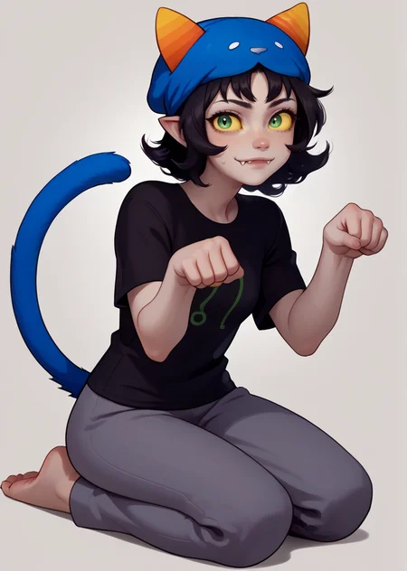 , score_9, score_8_up, score_7_up, masterpiece, , line art, portrait, anime,, detailed, <lora:Expressive_H:0.45> Expressiveh, solo, , on knees, , nya, paw pose, looking at viewer, 1girl, , gray skin, yellow sclera, nepeta, black hair, wavy hair, horns, pointy ears, petite, slim, thin, , , medium hair, short hair, , black t-shirt , black shirt, short sleeves, gray sweatpants, fangs, cat tail, cat hat , green eyes, leo \(symbol\), <lora:Nepeta:0.8>, gray simple background,