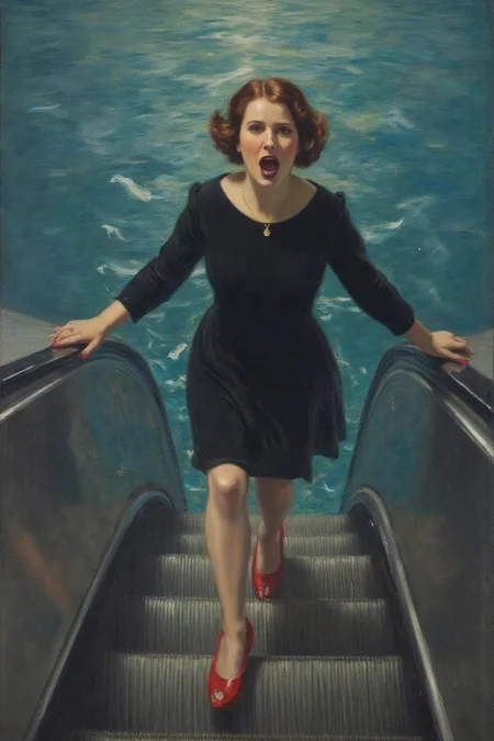 frankowensalisbury1 painting.
a woman in a chic little black dress and vibrant red high heels, gracefully descending an escalator. She wears black lipstick and is screaming. Her attire exudes elegance and sophistication, with the red heels providing a bold pop of color against the classic black dress. The escalator itself, typically found in a mall or airport, leads downwards into an unexpected and dreamlike destination -- pool of rippling water. The water is blue and ripples as the escalator's steps disappear beneath the surface.
<lora:frankowensalisbury1_cap_d8a4:1.0><lora:863252372661501089:0>