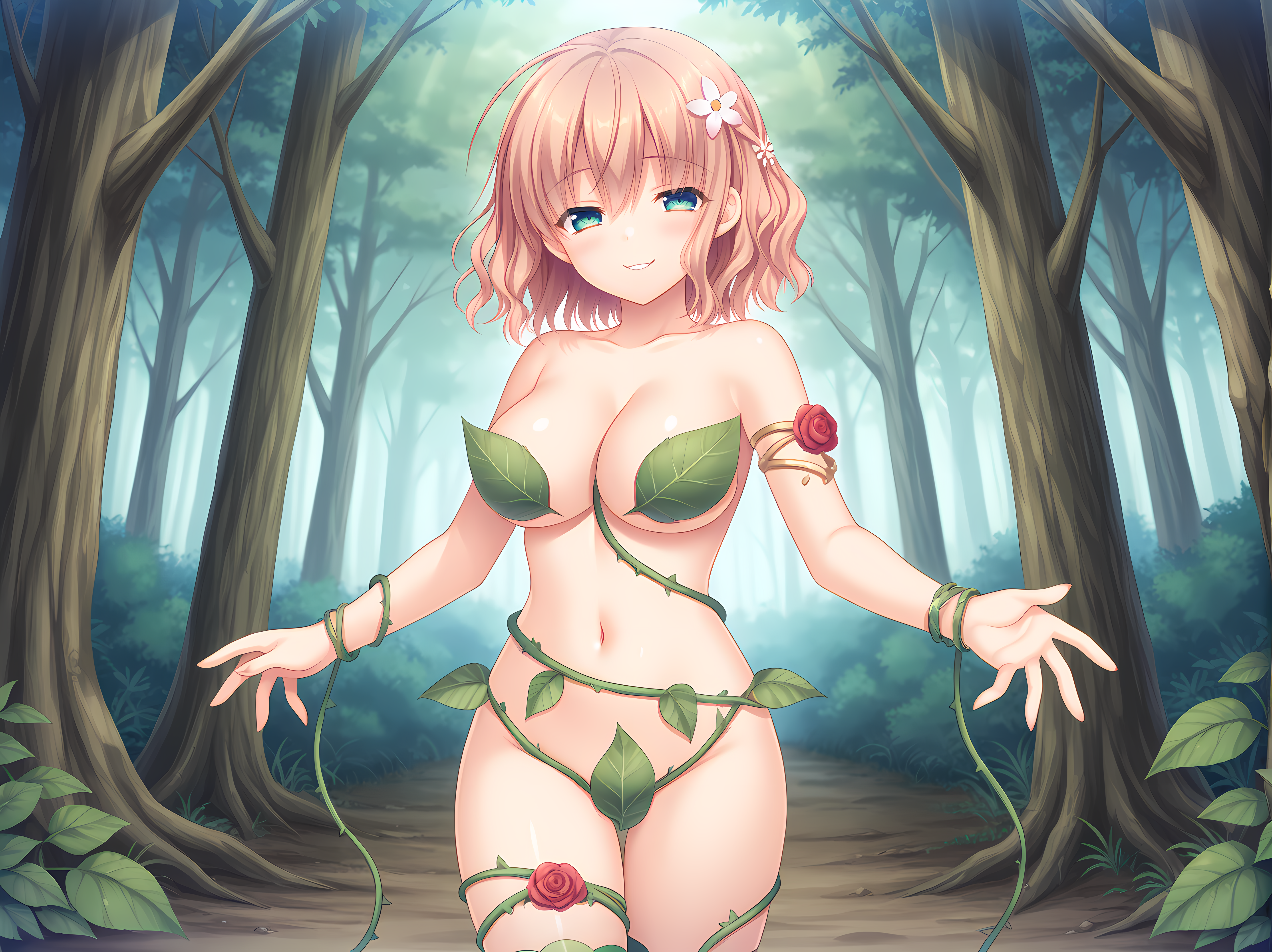 azusa,large breasts,kinmedai pink,<lora:Hanakura_Azusa:0.6>,plant girl,vines,convenient censoring,hair flower,rose,cleavage,leaf,evil smile,outdoors,forest,tree,cowboy shot,thighhighs,leaf bracelet,leaf bra,armlet,leglet,plant thighhighs,, masterpiece, best quality, amazing quality, very aesthetic, absurd, newest, detailed eyes