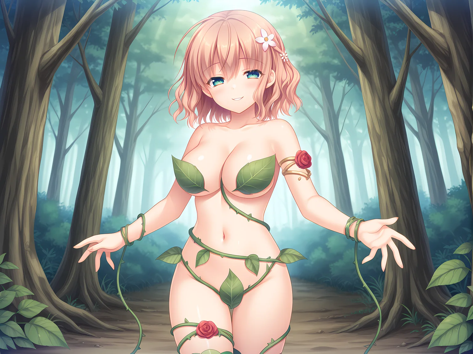 azusa,large breasts,kinmedai pink,<lora:Hanakura_Azusa:0.6>,plant girl,vines,convenient censoring,hair flower,rose,cleavage,leaf,evil smile,outdoors,forest,tree,cowboy shot,thighhighs,leaf bracelet,leaf bra,armlet,leglet,plant thighhighs,, masterpiece, best quality, amazing quality, very aesthetic, absurd, newest, detailed eyes