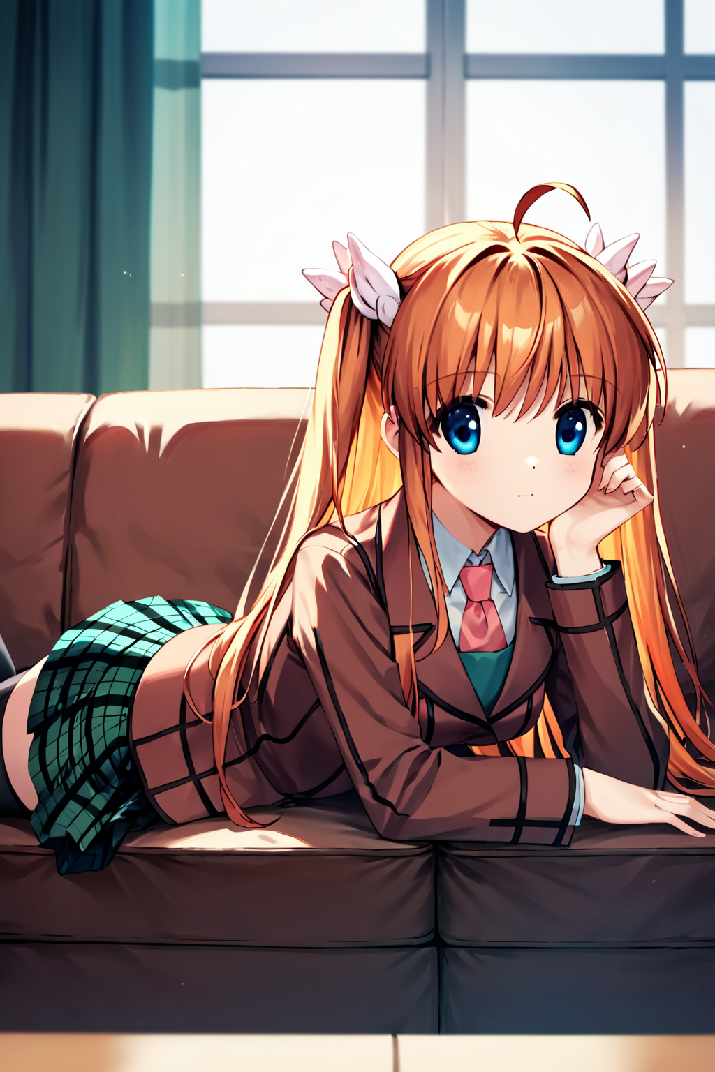 score_9, score_8_up, score_7_up, score_6_up, rating_safe, source_anime, 2.5d, best quality, masterpiece, detailed background, detailed eyes, indoors, sofa, laying on stomach, <lora:ohtori-chihaya-xl-04:1>, ohtori chihaya, two side up, ahoge, medium breasts, brown blazer, pleated green plaid skirt, black stockings,
