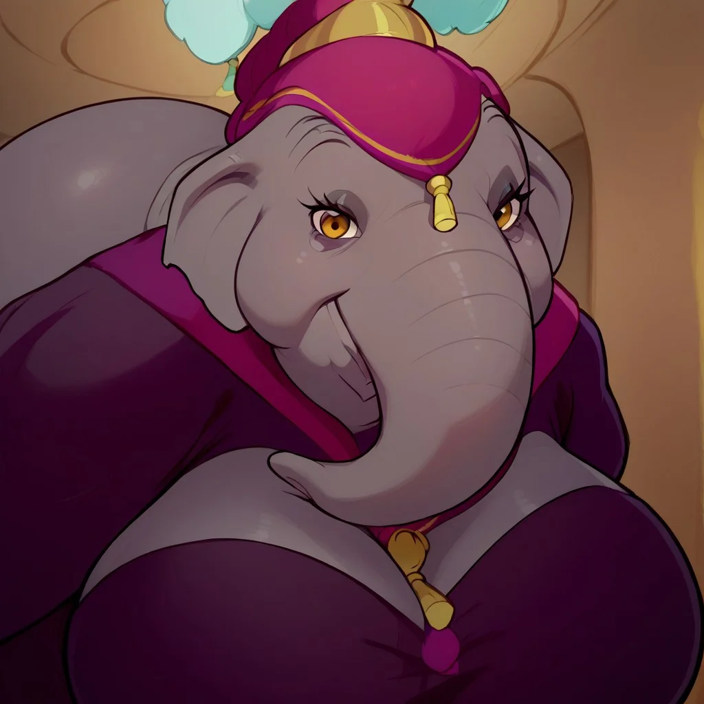 score_9,score_8_up,score_7_up,score_6_up,best quality,masterpiece, Expressiveh, background is circus, 1girl, solo, upper body, front view
BREAK
elephantmatriarch,furry female, (anthro:1.1), grey skin, plume hat, elephant trunk, trunk nose, (yellow eyes:0.8), seductive, smiling, headwear, obese, large breasts, massive ass, long black dress, purple cape,long purple dress, long sleeves, standing, arms spread, reaching towards viewer