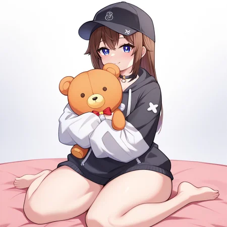 safepos, score_9, score_8_up, score_7_up, score_6_up, score_5_up, zPDXL2, max detail, 4k wallpaper, masterpiece, best quality, absurdres, highres, source_anime, solo, 1girl, DeaverStyle, wariza, w-sitting, hugging teddy bear, holding Teddy Bear, ((cuddling, snuggling, face rubbing, affectionate)), elated, giggling, front view, SoraStreetwear, long hair, blue eyes, black baseball cap, choker, two-tone hoodie, horizontal stripe, black hoodie, small upper-body, white hoodie, baggy hoodie, no pants, oversized hoodie, small waist, narrow shoulders, wide hips, thick thighs, bottom-heavy, hugging stuffed animal, (barefoot:1.075)