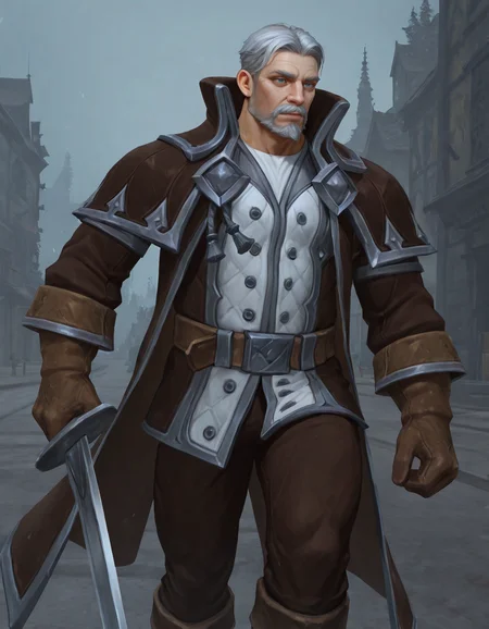masterpiece, best quality, newest, detailed background, intricate details, male focus, realistic, solo, <lora:World of Warcraft - Genn Greymane - Illustrious-000005:0.7>, genn_g, 1boy, mature male, grey hair, very short hair, mustache, beard, blue eyes, brown overcoat, white jacket, white shirt, brown gloves, brown belt, brown pants, brown boots, outdoors, overcast, running, fighting, swinging a sword