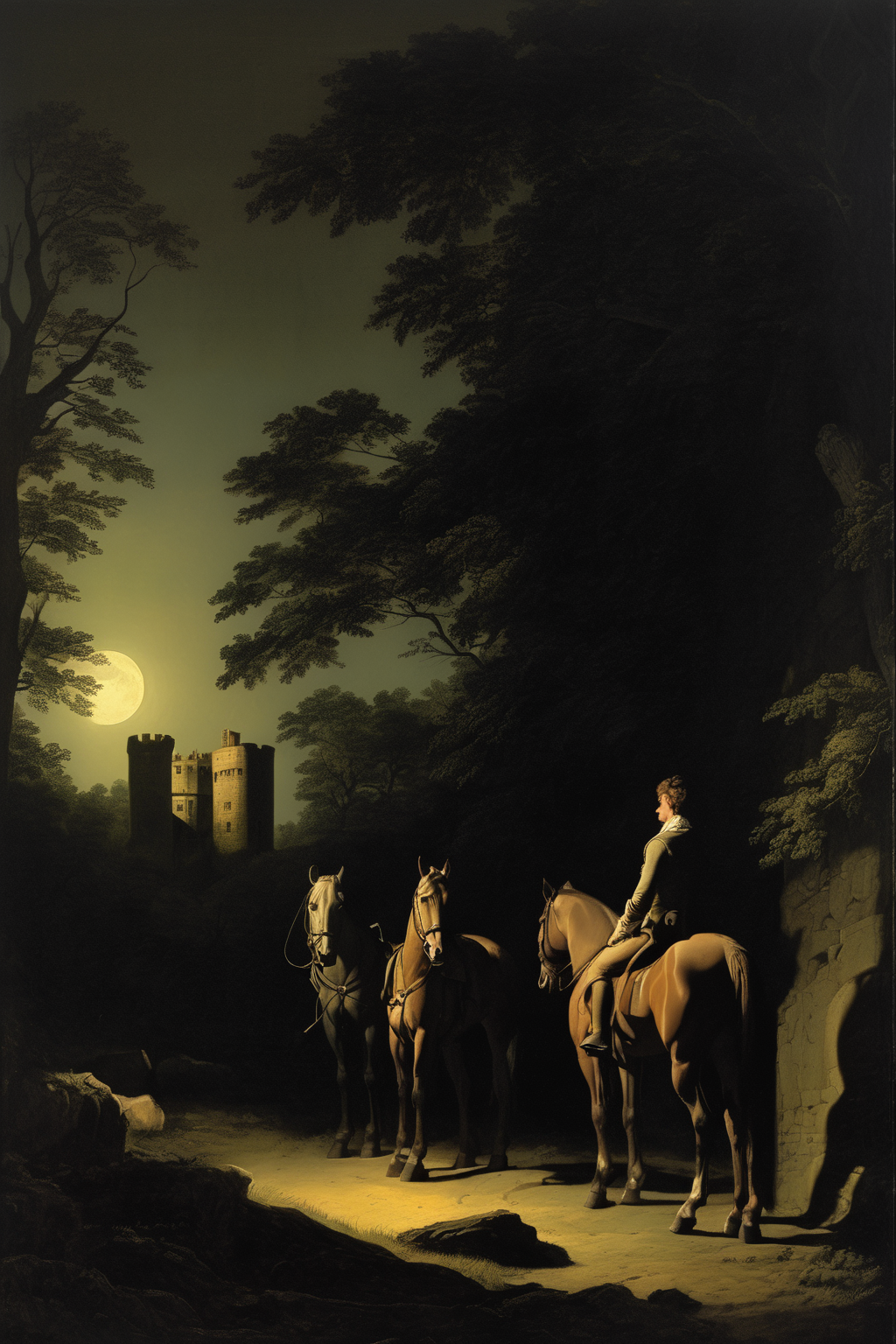 Joseph Wright Of Derby Style - a moonlit scene at the edge of a loney castle forecourt bordering a forrest. Two horses without riders stand in the shadows. A 20 year old man from the 16th century stands nearby.
