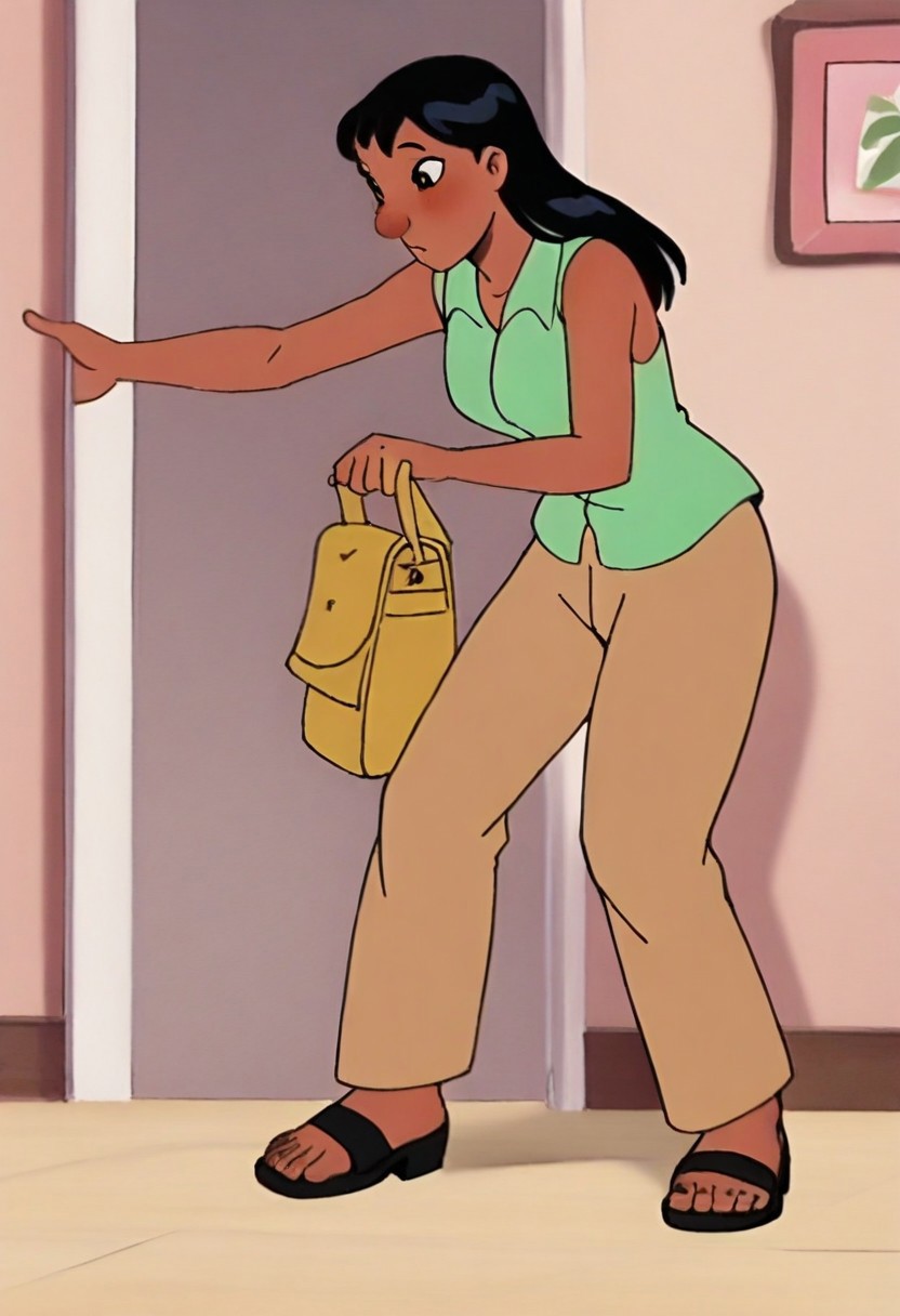 score_9, score_8_up, score_7_up 
   , masterpiece, beautiful,,Alilo,dark skin,brown eyes,black hair, long hair,bangs, big nose,sleeveless light-green shirt, beige catri pants, black sandal,