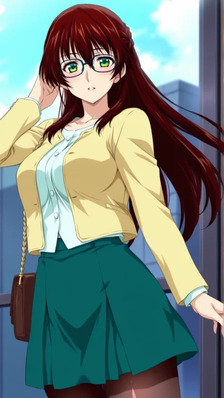 source_anime, genral, best quality, masterpiece, 1girl, <lora:Suzune_Saijo_ill_v1.0:1> suzune_saijo\(srw\),green eyes,brown hair, long hair , glasses, yellow_fashion, green skirt, pantyhose,