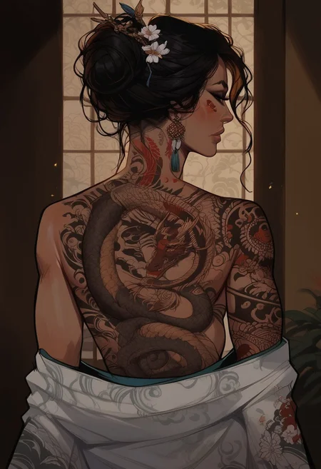 score_9, score_8_up, score_7_up, western cartoon, (((1girl, Asian,cheekbones, attractive woman,bare shoulders,seductive, Long Hair, Fine Hair, black hair, intricate hair style,))), in a Japanese bathhouse, inside, light skin, looking back, back tattoo, tattoo on back, tattoo extended to arms, upper body, hannya tattoo, back tattoo, view from behind, kimono, black and grey tattoo, dragon tattoo on back, dragon tattoo,