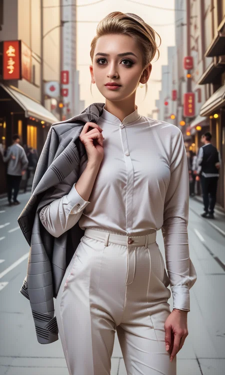 score_9, score_8_up, score_7_up, score_6_up, score_5_up, score_4_up, slim girl in city , jakosho, gray jacket over shoulder, short colorful hot-pants and white blouse, <lora:JacketOverShoulderPony:1>