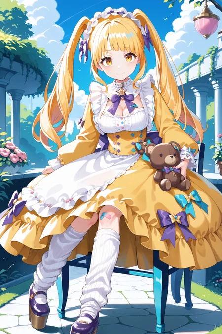score_max, (score_9, score_8_up, score_7_up:1.0), score_6_up, official art,
, masterpiece, absurdres, high detail, 8k,
garden, blue sky, monobloc \(chair\),
sitting on chair, hand on lap, teddy bear on hands, leaning to the side, light smile,
kokoa, twintails, lastmagica, headdress, hair bow, purple bow, collar, yellow dress, frilled dress, cleavage, long Sleeves, stuffed toy, stuffed animal, bandaid, teddy bear, white leg warmers, platform footwear, purple footwear
<lora:XL_Pony_MGCM-kokoa-t2:1.2>