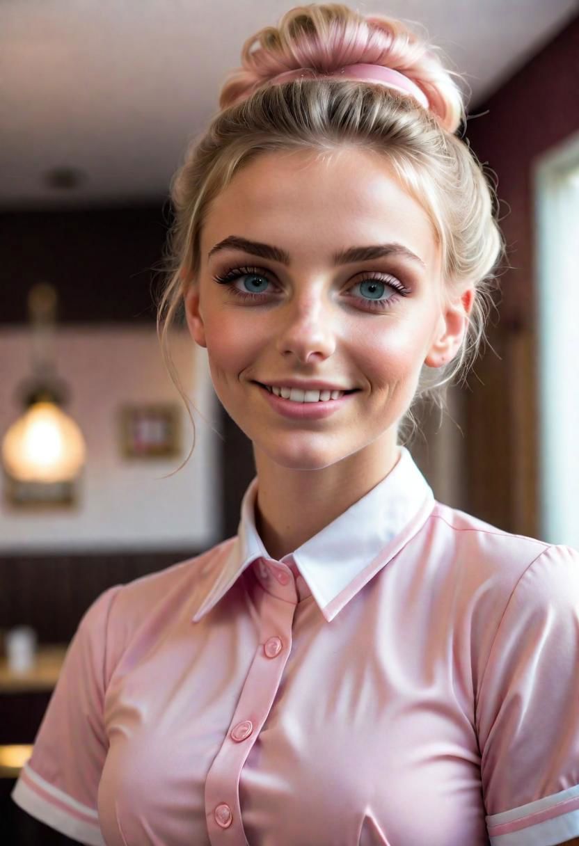 photo looking up at a 20 year old Russian waitress, pastel pink waitress uniform, messy bun, small breasts, petite, perfect eyes, hard shadows, glossy lips, radiant god rays, grainy, smiling