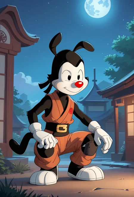 score_9, score_8_up, score_8, <lora:Yakko_Warner_Animaniacs_for_PonyXL:0.8> 1boy, animal ears, y4kk0, white gloves, belt, pants, outdoors, ninja, mask, crouched, night, full moon,