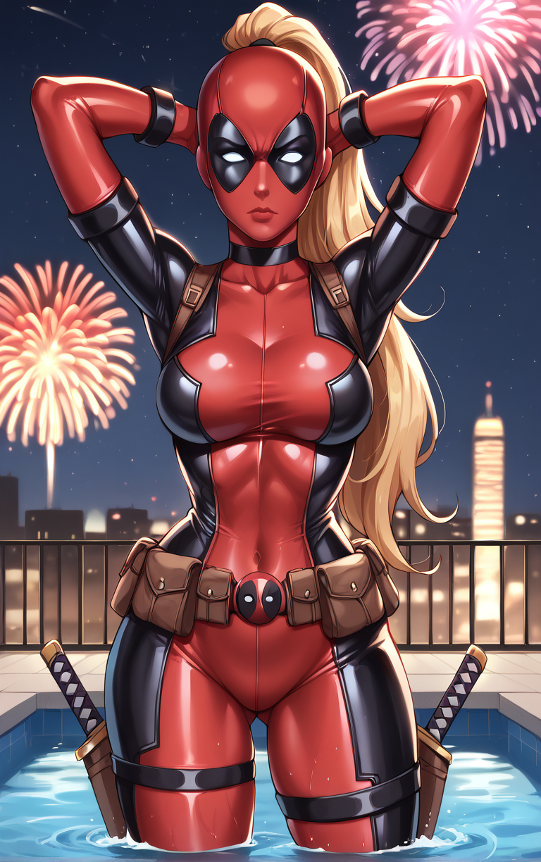 score_9, score_8_up, score_7_up, BREAK 
COMICS_LadyDeadpool_ownwaifu, 
1girl, blonde hair, empty eyes, high ponytail, large breasts, masked,  superhero, toned, very long hair, white eyes, mask, long hair, no pupils, narrow waist, 
bodysuit,  red bodysuit, black bodysuit, brown belt, multicolored bodysuit, belt pouch, utility belt, skin tight, belt, holster, gloves, pouch, covered navel, armor, choker, thigh strap, thigh holster, thigh pouch, ninja, 
katana, sheath, weapon on back, sword behind back,
(contrapposto, arms behind head, aerial fireworks), wading, neon_lights, cityscape, night, pool, full moon, outdoors, <lora:PONYXL_COMICS_LadyDeadpool_ownwaifu:0.9> , depth of field, solo,