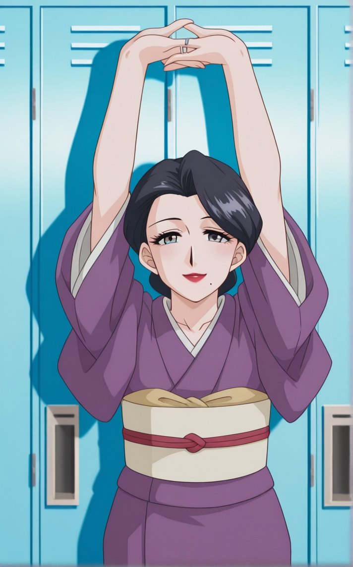 masterpiece, best quality, insaneres, absurdres,1girl, arms up, cowboy shot, looking at viewer, smile, solo, standing, stretching, locker room, drop shadow,  <lora:ILLUSTXL_MistreatedBride_SumieTakayanagi_ownwaifu:1>, BREAK PurpleKimono_SumieTakayanagi_ownwaifu, 1girl, black hair, breasts, grey eyes, japanese clothes, lipstick, makeup, mature female, mole under mouth, purple kimono, red lips, single hair bun, obi, sash, short hair, long sleeves, collarbone, hair bun, eyelashes, lips, swept bangs, wedding ring, wide sleeves, white skin,