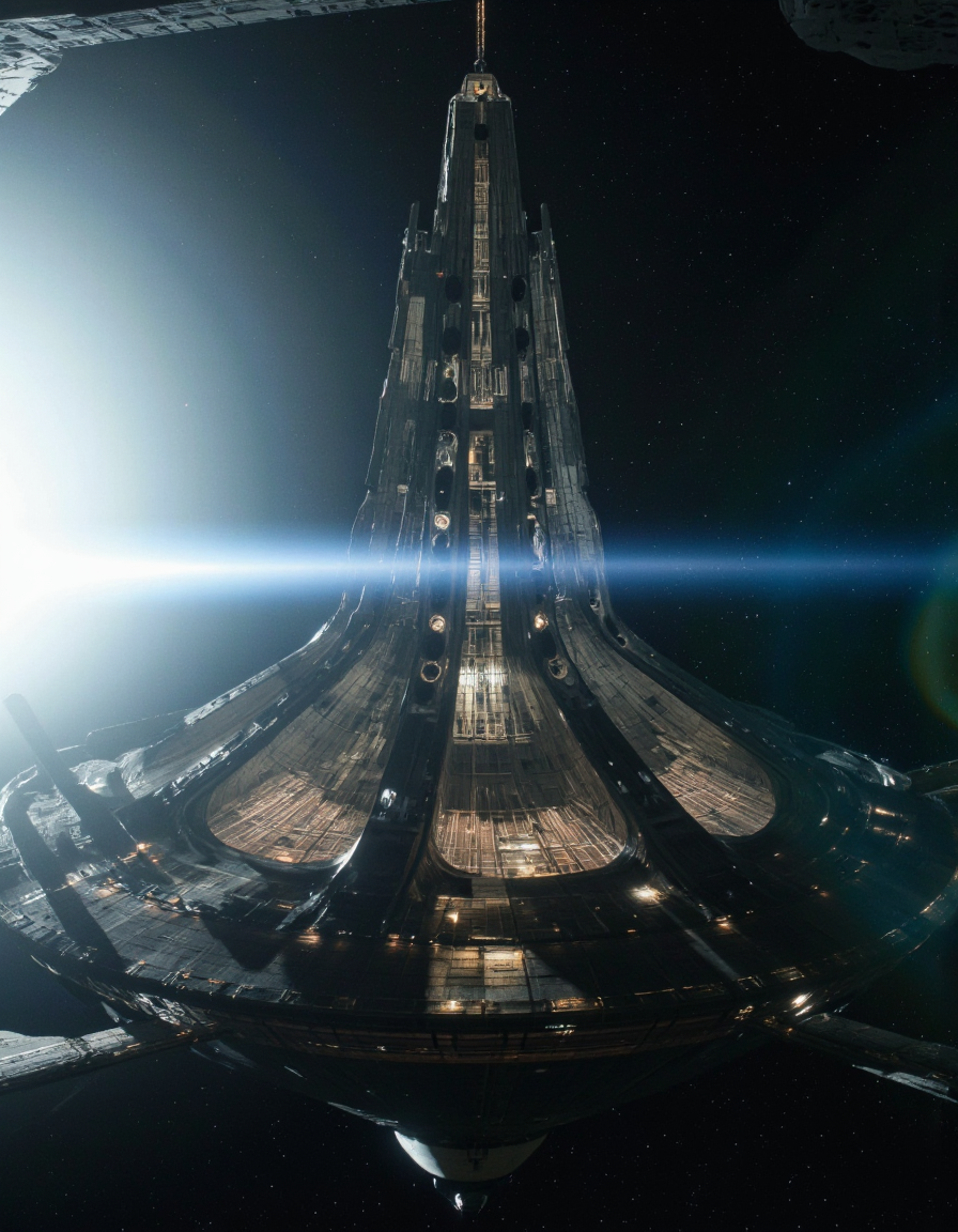 By Paul Chadeisson. A photo-realistic shoot from below about a futuristic spaceship flying through space with a circular structure in the middle, illuminated by a bright light source on the left side of the image. the image also shows a dark, starry sky with a faint streak of light behind the structure, creating a dramatic contrast between the light and dark tones. on the top of the spaceship, there is a tall, imposing structure with multiple spires and a pointed top, standing out against the dark background. the structure appears to be made of stone or concrete, with a metallic sheen, and is surrounded by a halo of light around it, giving it an ethereal quality. the lighting creates a sense of depth and dimensionality, with the light from the light source casting a warm glow on the structure and the surrounding area.