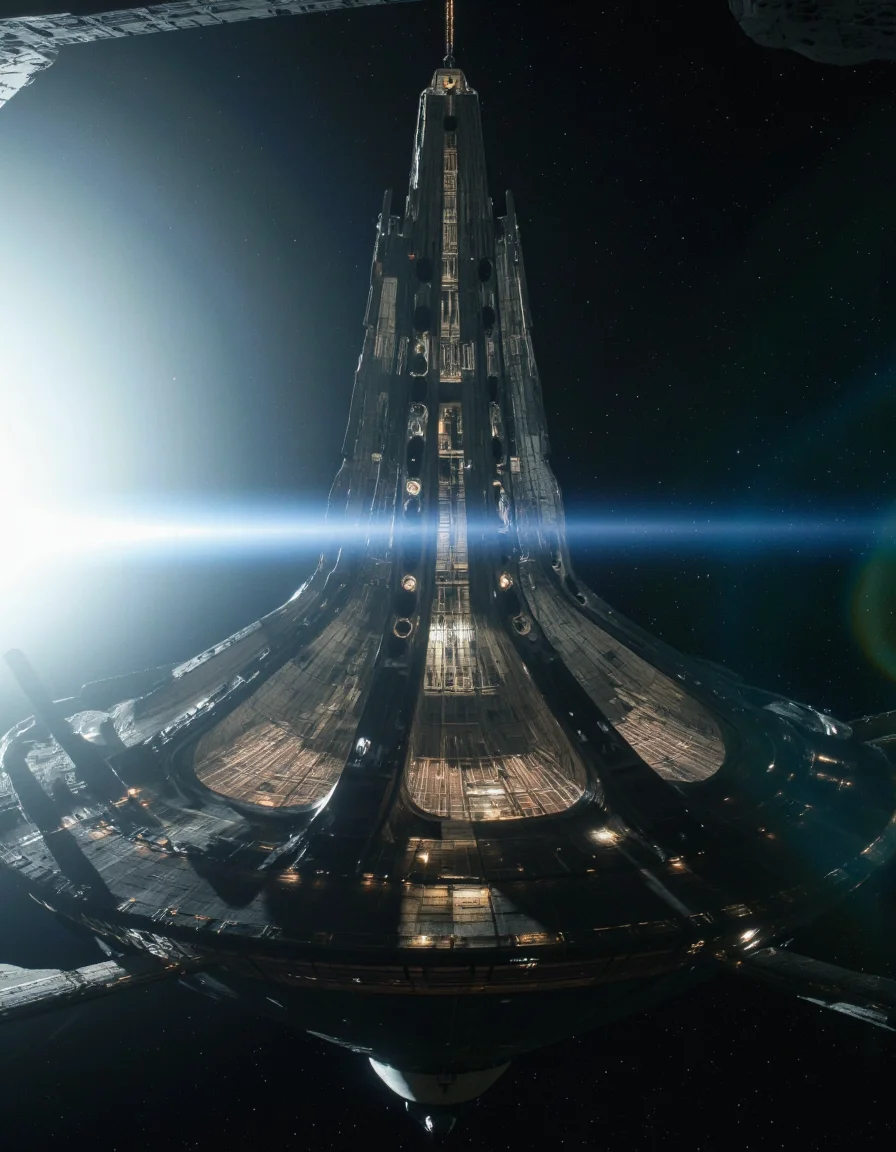 By Paul Chadeisson. A photo-realistic shoot from below about a futuristic spaceship flying through space with a circular structure in the middle, illuminated by a bright light source on the left side of the image. the image also shows a dark, starry sky with a faint streak of light behind the structure, creating a dramatic contrast between the light and dark tones. on the top of the spaceship, there is a tall, imposing structure with multiple spires and a pointed top, standing out against the dark background. the structure appears to be made of stone or concrete, with a metallic sheen, and is surrounded by a halo of light around it, giving it an ethereal quality. the lighting creates a sense of depth and dimensionality, with the light from the light source casting a warm glow on the structure and the surrounding area.