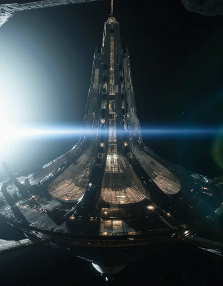 By Paul Chadeisson. A photo-realistic shoot from below about a futuristic spaceship flying through space with a circular structure in the middle, illuminated by a bright light source on the left side of the image. the image also shows a dark, starry sky with a faint streak of light behind the structure, creating a dramatic contrast between the light and dark tones. on the top of the spaceship, there is a tall, imposing structure with multiple spires and a pointed top, standing out against the dark background. the structure appears to be made of stone or concrete, with a metallic sheen, and is surrounded by a halo of light around it, giving it an ethereal quality. the lighting creates a sense of depth and dimensionality, with the light from the light source casting a warm glow on the structure and the surrounding area.