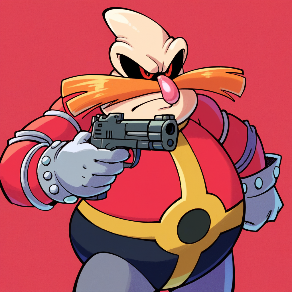 zPDXL, score_9_up, score_8_up, score_7_up, best quality, soft shading:1.4, masterpiece, source_anime, red background, BREAK 1boy, solo, dr_robotnik_(\aosth\), bald, red eyes, orange mustache, pink nose, fat, red shirt, black pants, grey socks, grey gloves, standing, portrait, angry, frown, closed mouth, gun, holding gun, <lora:PDXL_Robotnik_AOSTH:1>
