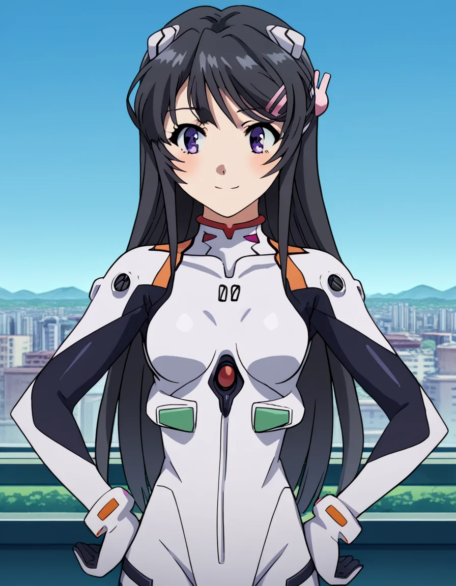 score_9, score_8_up, score_7_up, source_anime, maisakurajima, <lora:mai-sakurajima-s1-ponyxl-lora-nochekaiser:1> mai sakurajima, long hair, bangs, black hair, hair ornament, purple eyes, hairclip, rabbit hair ornament,, <lora:rei-ayanami-cosplay-ponyxl-lora-nochekaiser:1>, reiayanamicosplay, ayanami rei \(cosplay\), bodysuit, headgear, plugsuit, white bodysuit,, outdoors, cityscape, smile, blush, hands on hips,, cowboy shot, dutch angle, solo,