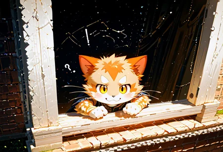zuppu11, furry, cute, solo, score_9, score_8_up, score_7_up, looking at viewer, male focus, zPDXL3, furry male, cat, detailed eyes, blushing, from outside window, Expressiveh, a doubtful look, a puzzled expression, ?