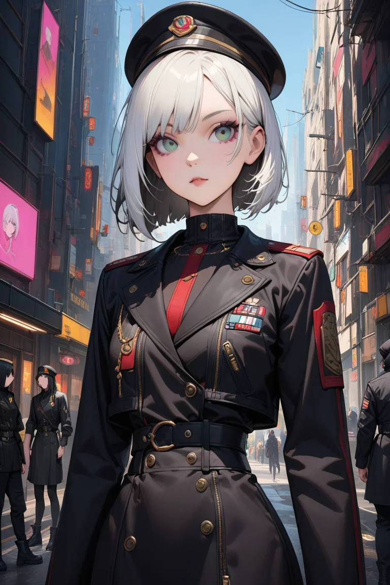 (masterpiece), (high detail),25-year-old woman in a dystopian cyberpunk universe. She has a cyberpunk medium haircut with one side too short white hair. The style is inspired by Malcolm Liepke. The illustration should be upper body, captivating, and eye-catching In style of malcolm liepke,obilonian empire, obilonian empire military uniform,<lora:Obilonian_Empire_Military_Uniform:0.7>, hat