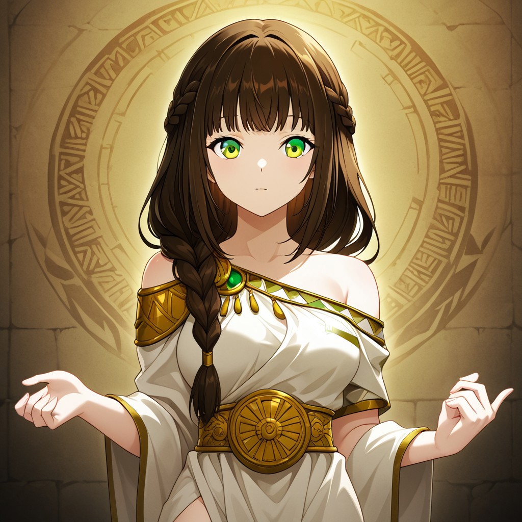 rh34, brown hair, long hair, choppy bangs, high braid, green eyes, medium breasts, ancient greek clothes, plain toga, shoulder broach, one side off-shoulder,