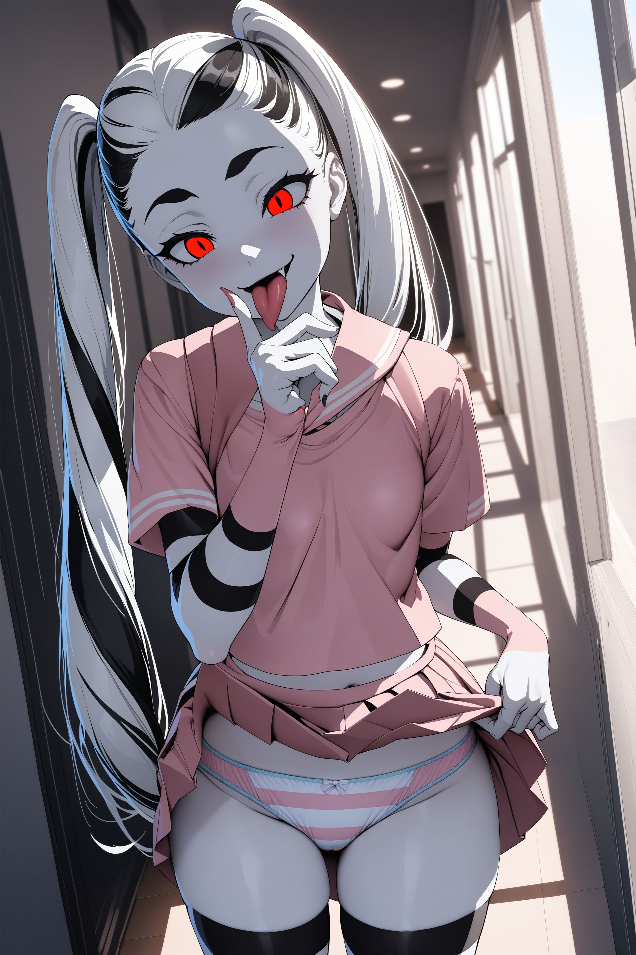 masterpiece, absurdres, high detail, 8k,
indoors, hallway, school, sky, 
standing, evil smile, finger to mouth, licking finger, tongue, skirt lift,
, nymph, bodypaint, striped, pink serafuku, pleated skirt, white skin, striped panties,
 <lora:XL_Animagine_MGCM-nymph-t1:1.0>
