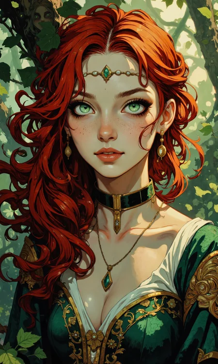 Ethereal portrait of a young woman with alabaster skin and piercing emerald eyes, framed by cascading waves of copper hair. She gazes directly at the viewer, her expression a blend of mystery and allure. Her features are delicate and symmetrical, with high cheekbones and full, rose-tinted lips. She wears an intricately embroidered emerald green gown with gold accents, its fabric shimmering like gossamer in soft, diffused lighting. A delicate gold circlet adorns her brow, inset with tiny diamonds that catch the light. The background is a hazy, dreamlike forest scene with dappled sunlight filtering through leaves, creating a magical atmosphere. Soft focus effect, 8k resolution, photorealistic quality with a touch of fantasy. Professional studio lighting emphasizes the luminous quality of her skin and the depth of her eyes. Composition follows the rule of thirds, with the subject slightly off-center. Masterpiece, award-winning portrait photography. <lora:reedy-art-style:0.8> <lora:Comic book opus 3:0.7> <lora:flux_dev:1>