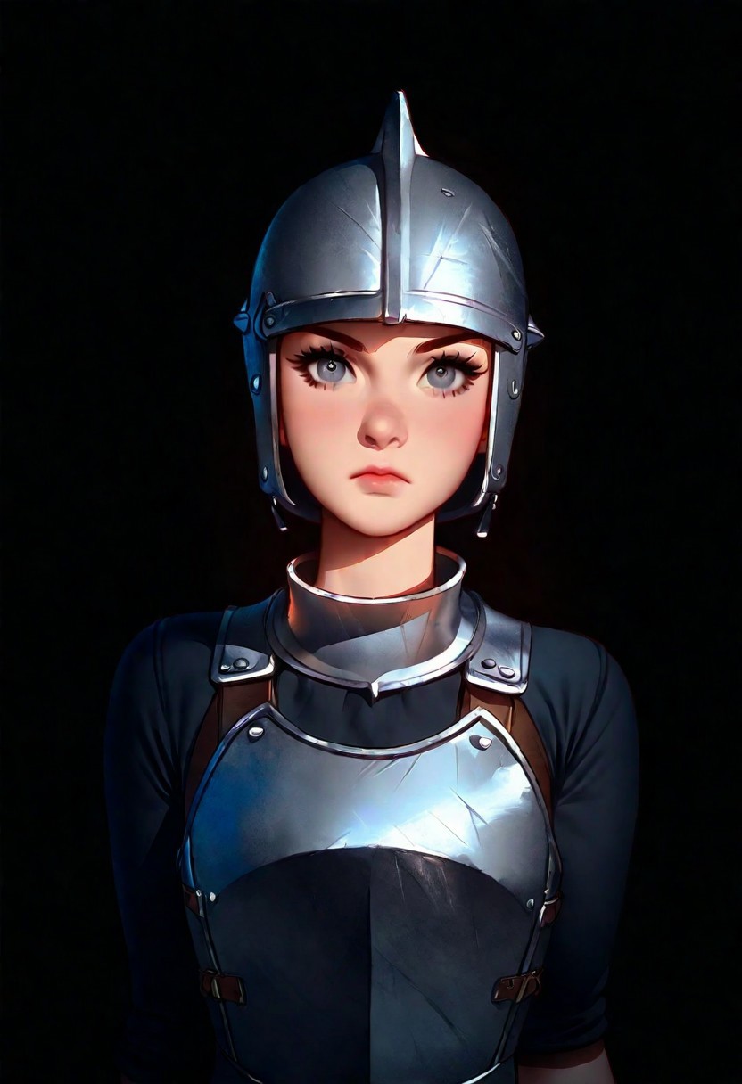 Tsuaii, flat colors,high detailed, high quality, masterpiece, 
 1girl, upper body, front view, (black background), dynamic lighting, standing, stable pose, looking at viewer
grey eyes, closed mouth, eyelashes,
steel breastplate, hoplite helmet,