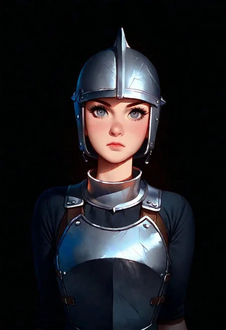 Tsuaii, flat colors,high detailed, high quality, masterpiece, 
 1girl, upper body, front view, (black background), dynamic lighting, standing, stable pose, looking at viewer
grey eyes, closed mouth, eyelashes,
steel breastplate, hoplite helmet,