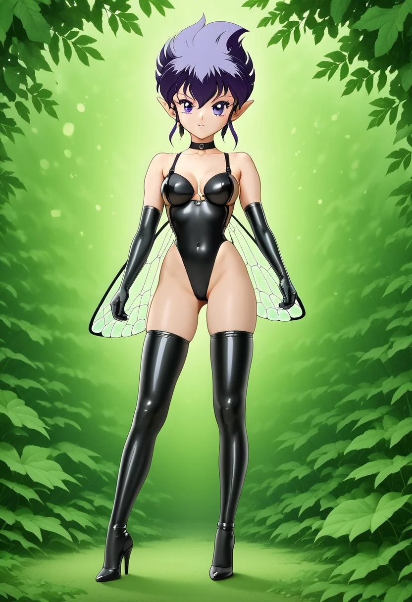 Retro art style, full body, miniature person, solo, Pamila, cute face, pointy ears, fairy, fairy wings, teardrop hairstyle, anti-gravity spike hairstyle, long sideburns, low ponytail, simple ponytail, long ponytail, multicolored hair, grayish-blue hair, violet hair tips, violet eyes, highly detailed pupils, medium breasts, (swimsuit, black latex, slingshot swimsuit, latex gloves, elbow gloves, latex stockings, thigh-high stockings), front view, hand on waist, looking away, green leaves background