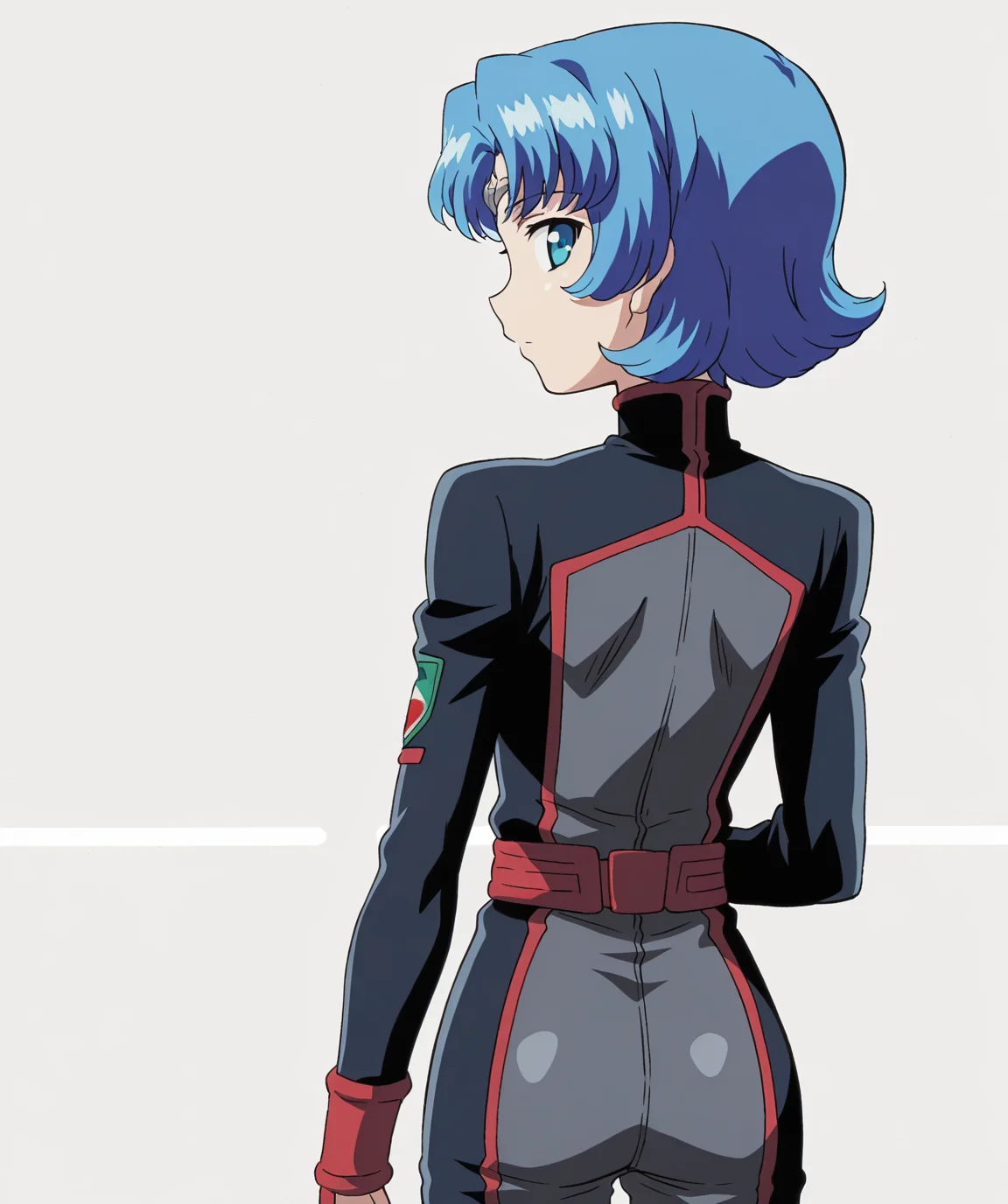masterpiece, best quality, amazing quality, very aesthetic, ultra detail, clear line, solo, <lora:ecrua_v1:0.8>, ecrua, blue eyes, short hair, blue hair, hair ornament, military uniform, jumpsuit, red belt, expressionless, looking back, cowboy shot, from behind, simple background, <lora:LECO_BadHands:1.2>, <lora:LECO_GoodHands:-1.2>