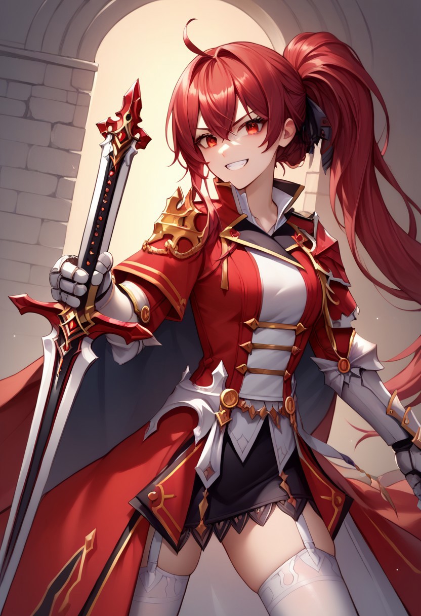 score_9, score_8_up, score_7_up, source_anime, good anatomy, solo, 1girl, elesisEmpSord, ponytail, red hair, red eyes, red and white military uniform, double breasted jacket, black miniskirt, pencil skirt, metal greaves, metal gauntlets, cape, white thighhigh, garterbelt, no shoulderguards, hands on sword hilt, wide grin