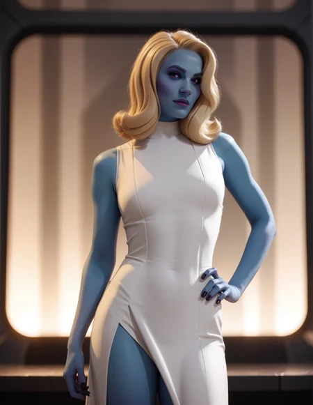 <lora:What_if_Nebula:0.7> nebula_wif, solo, 1girl, blonde,white dress, blurred background, purple eyes, blue skin, on hand on hips, sexy pose, thighs exposed, hyper realistic, dark nails, score_9, score_8_up, score_7_up, score_6_up