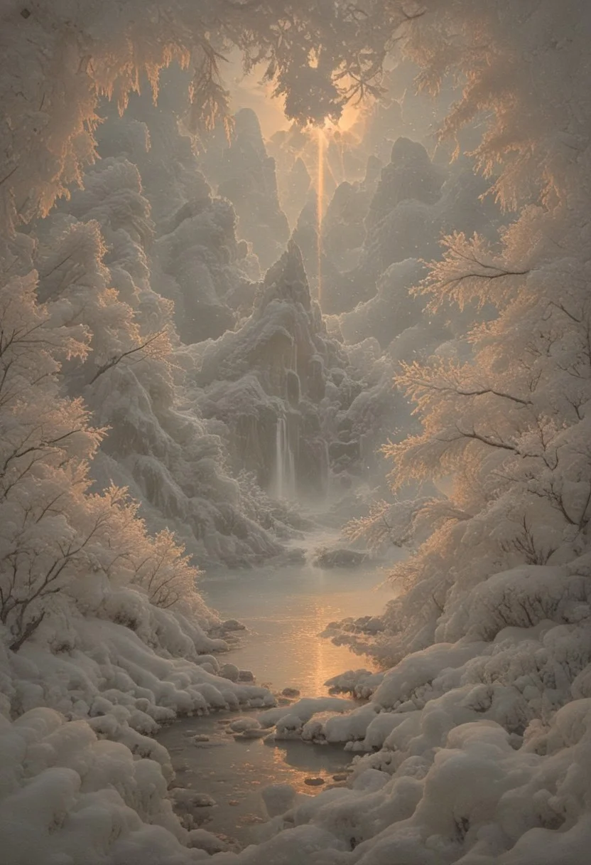 psychodelic scenic japan night landscape, novuschroma73 style, sakura garden, (((winter))), snow, frost, frozen, ice, mountains, lake, perfect composition, sunlight, golden hour, haze, low angle, masterpiece, award winning,, ultra detailed, highly detailed, 8k, uhd, Style-Japan, vivid colours, luminous, ethereal, steam from ice melting,
