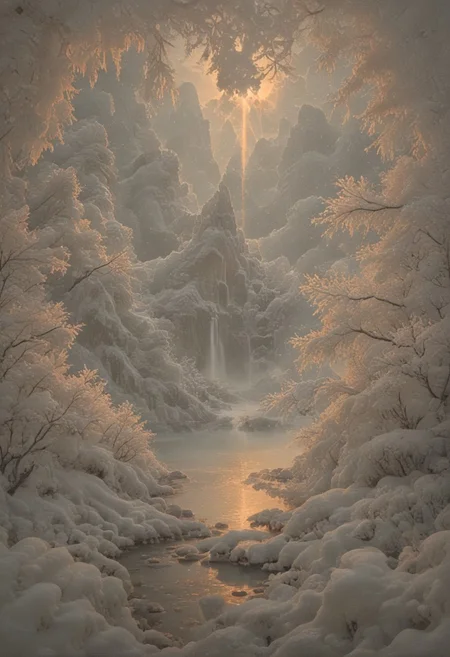 psychodelic scenic japan night landscape, novuschroma73 style, sakura garden, (((winter))), snow, frost, frozen, ice, mountains, lake, perfect composition, sunlight, golden hour, haze, low angle, masterpiece, award winning,, ultra detailed, highly detailed, 8k, uhd, Style-Japan, vivid colours, luminous, ethereal, steam from ice melting,