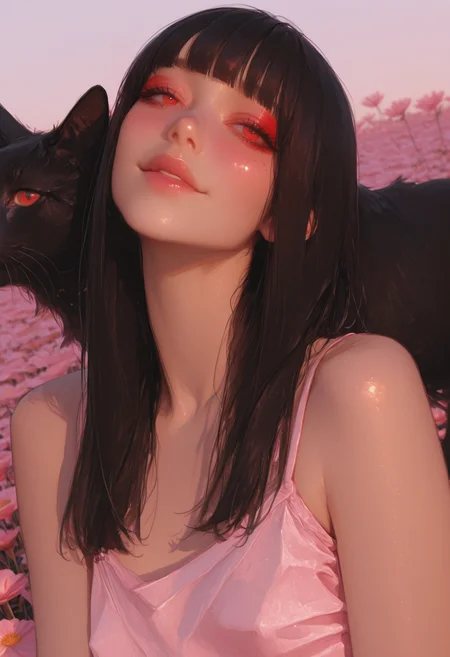 masterpiece, ultra-HD, cinematic lighting, photorealistic, impressionism (1.5), high detail, depth of field, (blurred background), (dramatic lighting),masterpiece, best quality, very aesthetic,8k,masterpiece, best quality,realistic, masterpiece, best quality, 8k, , simple_background, , , half close-up, sexy pose, long black hair, straight hair,blunt bangs, red eye makeup, blushing, asian, small head, pretty face, korean, ecstasy on face, ((slim body)), (small breasts), Dynamic angle, Dynamic pose, sfw, portrait, pastel pink sundress, in a field of sunflowers. holding black cat. smiling. happy. sunset
<lora:ppw_v7_animv4_1_r2:0.6> <lora:748cm_illu:0.6> 7481llu <lora:69yottea_illu_v2:0.4> <lora:illustrious_all_rated_v1:0.6> masterpiece, best quality, very aesthetic, absurdres
