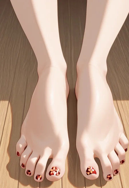 1girl, solo, barefoot, feet, wooden floor, (patterned toenail_polish), ((close-up)), lower_body, spreading toes, detailed feet, feet_focus, perfect toes, toes focus, close-up on toes, five_toes, from below