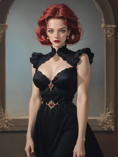 score_9, score_8_up, score_7_up, setting focus, character in foreground, establishing shot, woman, pale skin, large breasts, lollita dress, black dress, lollita fashion accessories, red details, crimson red hair, black highlights, <lora:Always_In_Flux_Style:1>, A feast, barren as its bones, the darkened wooden halls of hunter's prowess, the eyes that no longer see,highly detailed