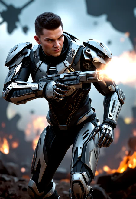 A character in motion, depicted as a 3D rendering. A futuristic cyborg. The character has a muscular build and is wearing armor that features metallic elements, predominantly silver and black. The armor includes large shoulder pads, a chest plate, and intricate detailing on the limbs. The armor's design suggests high-tech or advanced scifi technology. Seen with one arm in motion wielding a weapon. Expression is intense and focused, with eyes narrowed on an unseen target. Digital artwork background featuring abstract shapes of a chaotic battlefield. <lora:scifi/RM_Robotify_v0.7M>, <lora:flux/skin texture style v5.safetensors:1.0>, skin texture style, realism, detailed, <lora:Sinfully_Stylish_1.0_Flux.safetensors:1.0>, sinfully stylish, dramatic light,