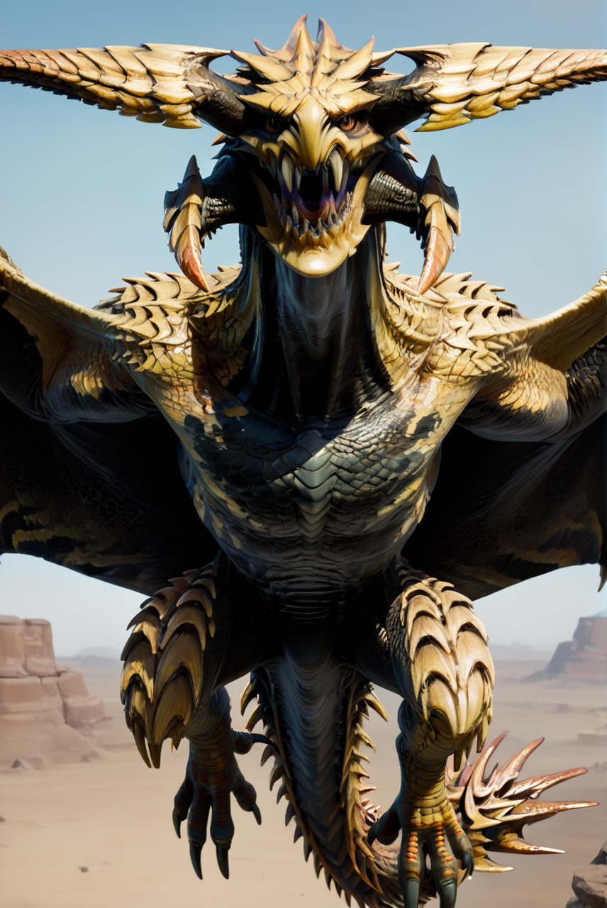 source_furry, score_9, score_8_up, score_7_up, (reydau_wilds, wyvern, feral), scalie, yellow scales, black underbelly, black scales, horns, fangs, teeth, sharp teeth, amber eyes, detailed eyes, long neck, spikes, claws, tail, spiked tail, winged arms, wings, <lora:MH_ReyDauPony:0.8>, <lora:Add_DetailedEyesPony:0.8>, <lora:add-detail-xl:0.8>, outdoors, desert setting, midair, flying, closeup, portrait, front view, look at viewer, closed mouth, seductive eyes, zPDXL2, zPDXLpg, zPDXLrl, best quality, highly detailed, extreme details, masterpiece, photorealistic, hyperrealistic, ultra realistic, hdr, 4k, uhd, ray tracing, shaded