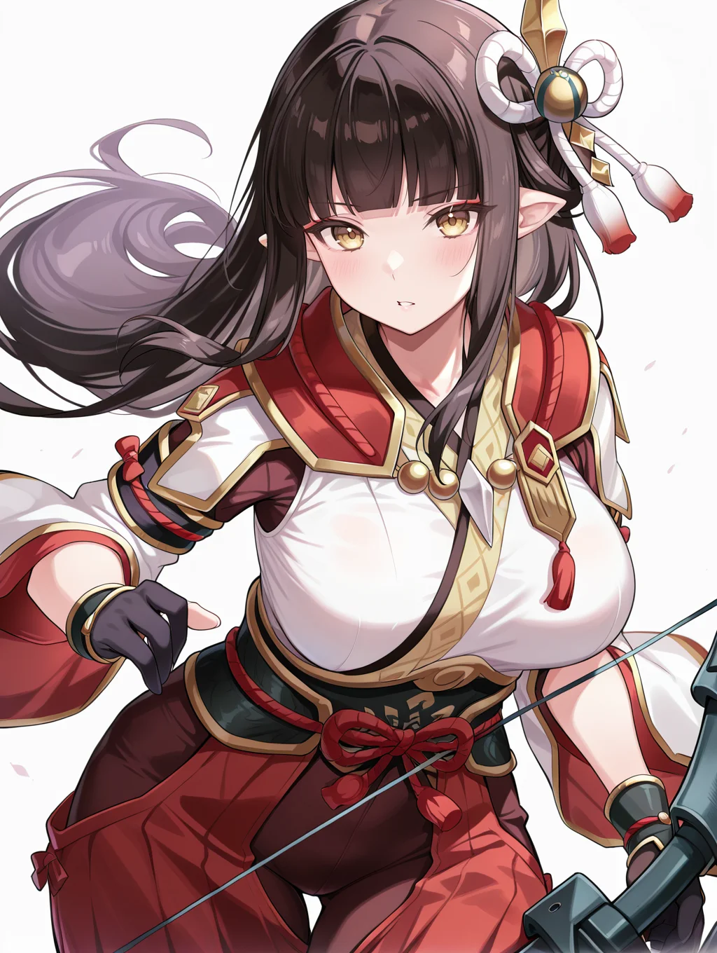 4 finger hands, hinoa,1girl,solo,looking at viewer,white background,simple background,blush,large breasts,sidelocks,parted lips,red eyeliner,white japanese clothes,black partially fingerless gloves,red hakama skirt,side hair ornament,bow \(weapon\),holding bow \(weapon\),
masterpiece,best quality,amazing quality,very aesthetic,absurdres,newest,<lora:Minoto and Hinoa illuXL v1.1:0.83>,