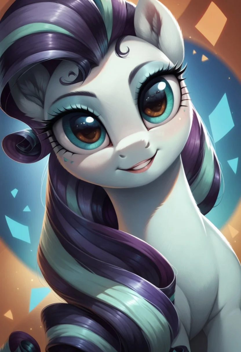 score_9, score_8_up, score_7_up, score_6_up, score_5_up, score_4_up, my little pony, ((feral pony)), ((Coloratura)), 1girl, ((solo)), (sexy), beautiful, detailed, (detailed cute pony face), detailed eyes, detailed fur, detailed hooves, beautiful, vector, flat colors, (beautiful long eyelashes), (beautiful hooves), (abstract background:1.8), (looking at you, looking at viewer:1.5), smile, happy, ((close-up)), high angle